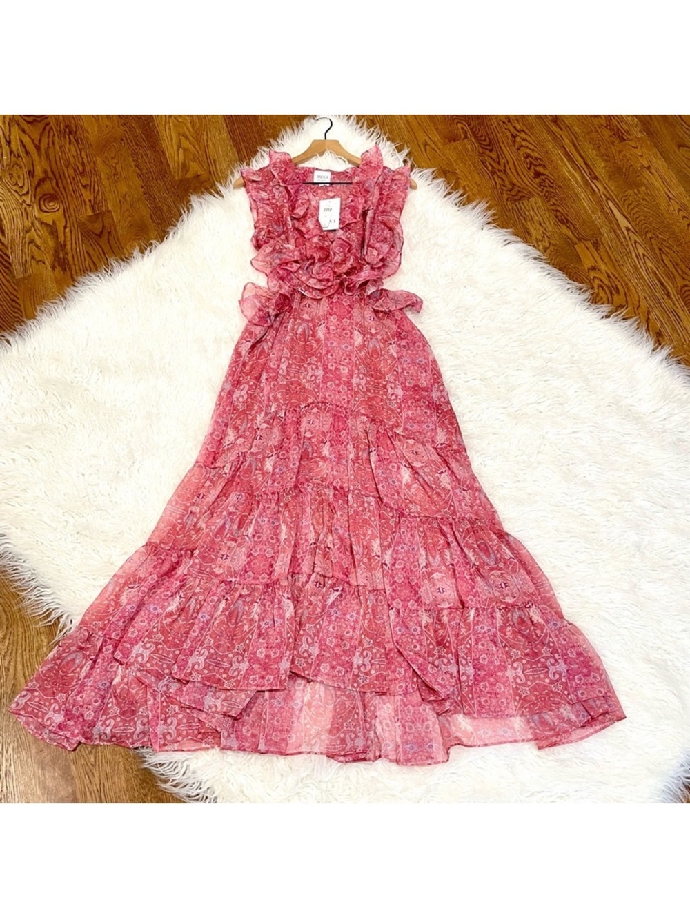 NEW Misa Los Angeles Natasha Side Cutouts Pink Paisley Ruffle Midi Dress Size S - Picture 2 of 10